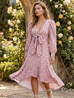 Tie-Front Asymmetrical Midi Dress in Dusty Pink Floral